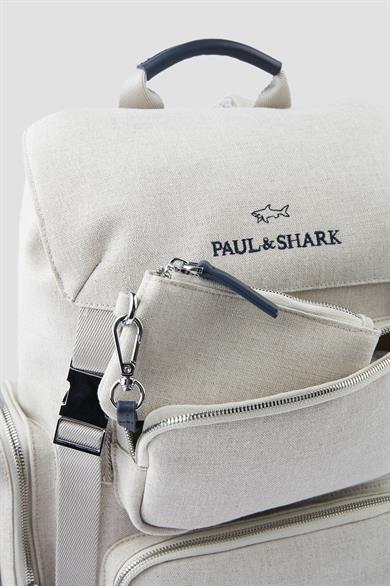 Paul Shark Erkek Deri Logo İşlemeli Ekstra Bölmeli Kompakt Kanvas Bej Sırt Çantası 25418102-347