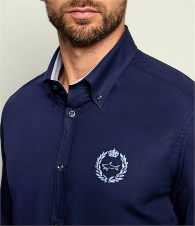 Paul Shark Erkek Normal Kalıp Logo İşlemeli Uzun Kollu Lacivert Gömlek 16313800-013