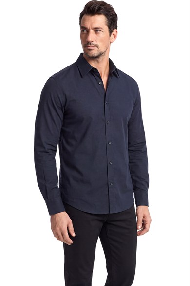 Paul Shark Erkek Normal Kesim Yün İçerikli Dokuma Kumaşlı Uzun Kollu Lacivert Gömlek 26453035-013