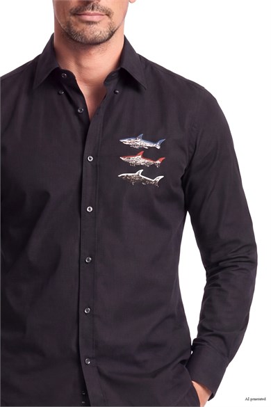 Paul Shark Erkek Pamuklu Logo Desenli Normal Kalıp Uzun Kollu Siyah Gömlek 16313801-011