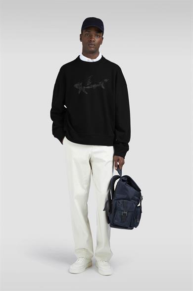 Paul Shark Erkek Rahat Kalıp Büyük Shark Logolu Pamuklu Uzun Kollu Siyah Sweatshirt 15311848-011