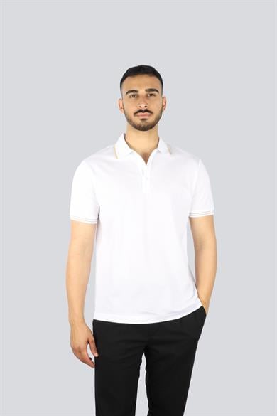 Paul Shark Erkek Regular Fit İnce Pike Pamuklu Kısa Kollu Beyaz-Altın Polo Yaka T-Shirt 25411236A-10E