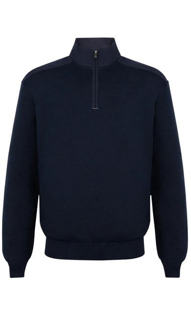 Paul Shark Erkek Regular Fit Yün Yarım Fermuarlı İpek Karışımlı Ribana Detaylı Uzun Kollu Lacivert Kazak 16311149-940