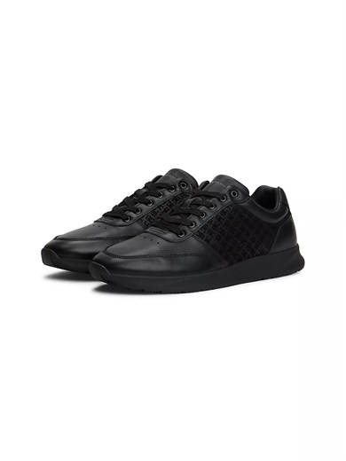 Tommy Hilfiger Erkek Hakiki Deri TH Monogram Logolu Karma Dokulu Siyah Sneaker FM0FM06015-BDS