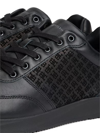 Tommy Hilfiger Erkek Hakiki Deri TH Monogram Logolu Karma Dokulu Siyah Sneaker FM0FM06015-BDS