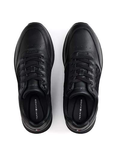 Tommy Hilfiger Erkek Hakiki Deri TH Monogram Logolu Karma Dokulu Siyah Sneaker FM0FM06015-BDS
