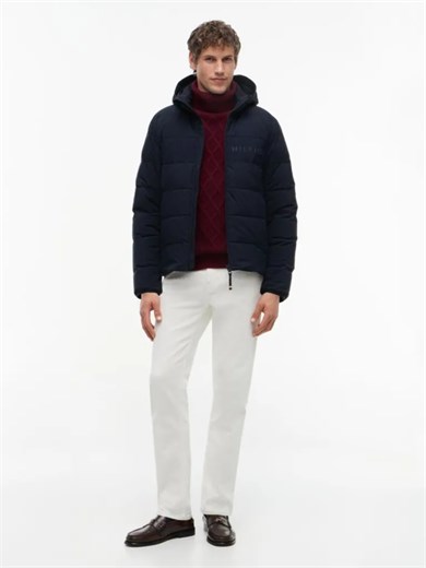 Tommy Hilfiger Erkek Kalın Yalıtımlı Çıkarılabilir Kapüşonlu Kapitone Desenli Uzun Kollu Lacivert Mont MW0MW45273-DW5