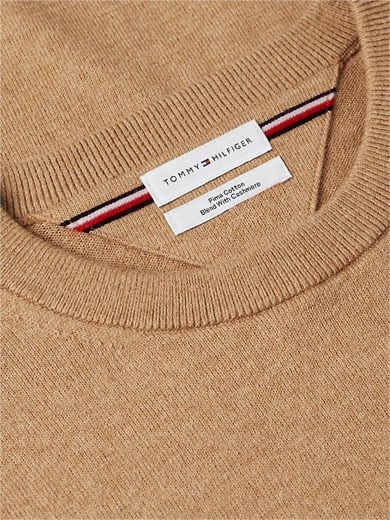 Tommy Hilfiger Erkek Logolu Yuvarlak Yakalı Uzun Kollu Günlük Kullanım Bej Kazak MW0MW28046-A1L