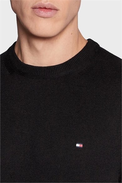 Tommy Hilfiger Erkek Logolu Yuvarlak Yakalı Uzun Kollu Günlük Kullanım Siyah Kazak MW0MW28046-BDS