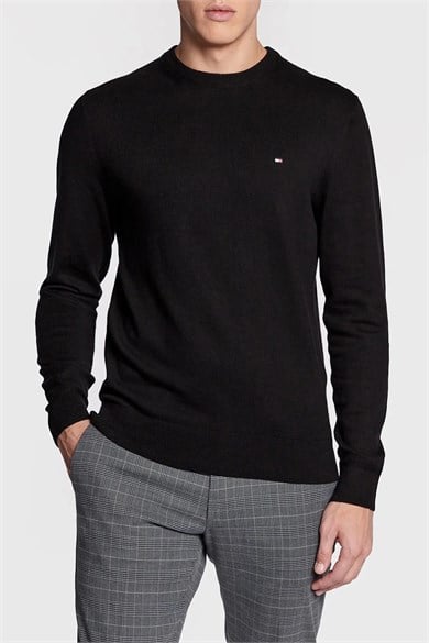 Tommy Hilfiger Erkek Logolu Yuvarlak Yakalı Uzun Kollu Günlük Kullanım Siyah Kazak MW0MW28046-BDS
