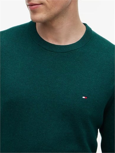 Tommy Hilfiger Erkek Logolu Yuvarlak Yakalı Uzun Kollu Günlük Kullanım Yeşil Kazak MW0MW28046-MQ8