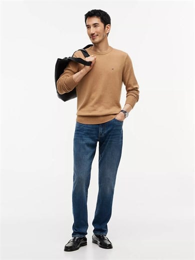 Tommy Hilfiger Erkek Logolu Yuvarlak Yakalı Uzun Kollu Günlük Kullanım Bej Kazak MW0MW28046-A1L