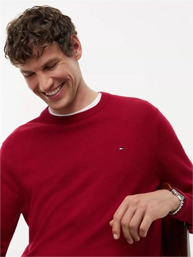 Tommy Hilfiger Erkek Logolu Yuvarlak Yakalı Uzun Kollu Günlük Kullanım Kırmızı Kazak MW0MW28046-XIT
