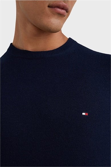 Tommy Hilfiger Erkek Logolu Yuvarlak Yakalı Uzun Kollu Günlük Kullanım Lacivert Kazak MW0MW28046-DW5