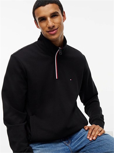 Tommy Hilfiger Erkek Regular Fit Pamuklu Havlu Kumaş Dik Yakalı Yarım Fermuarlı Uzun Kollu Siyah Sweatshirt MW0MW44943-BDS