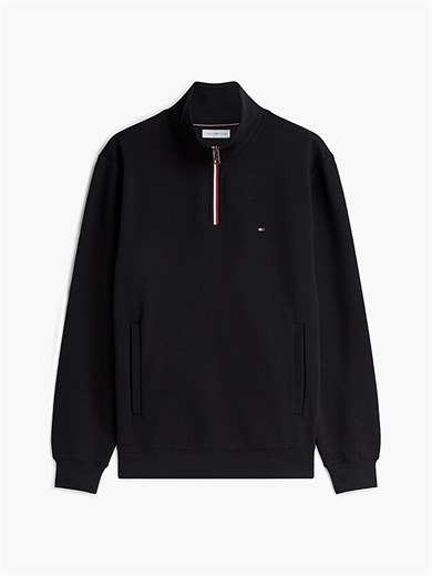 Tommy Hilfiger Erkek Regular Fit Pamuklu Havlu Kumaş Dik Yakalı Yarım Fermuarlı Uzun Kollu Siyah Sweatshirt MW0MW44943-BDS