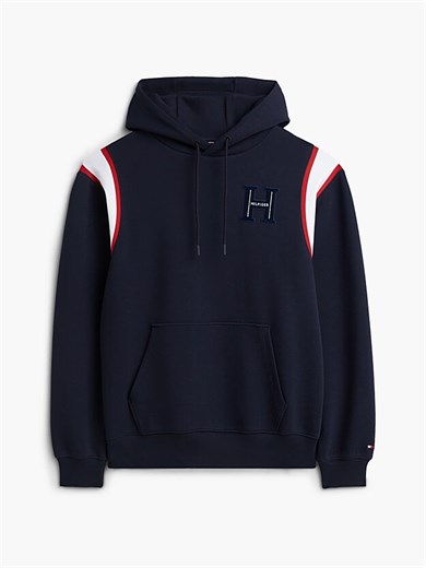 Tommy Hilfiger Erkek Regular Fit Kontrast Şerit Detaylı Logolu Pamuklu Kapüşonlu Uzun Kollu Lacivert Sweatshirt MW0MW44956-DW5