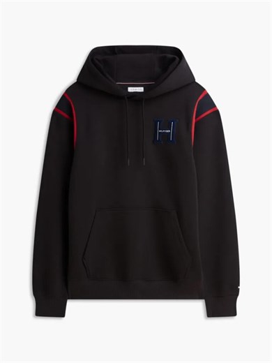 Tommy Hilfiger Erkek Regular Fit Kontrast Şerit Detaylı Logolu Pamuklu Kapüşonlu Uzun Kollu Siyah Sweatshirt MW0MW44956-BDS