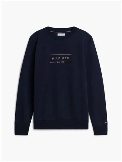 Tommy Hilfiger Erkek Regular Fit Organik Pamuklu Logo Baskılı Bisiklet Yaka Uzun Kollu Lacivert Sweatshirt MW0MW44939-DW5