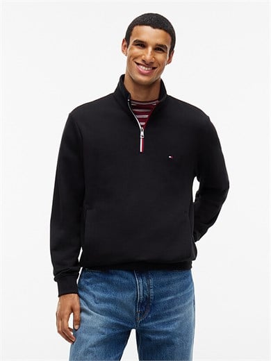 Tommy Hilfiger Erkek Regular Fit Pamuklu Havlu Kumaş Dik Yakalı Yarım Fermuarlı Uzun Kollu Siyah Sweatshirt MW0MW44943-BDS