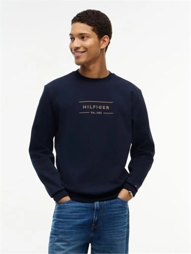 Tommy Hilfiger Erkek Regular Fit Organik Pamuklu Logo Baskılı Bisiklet Yaka Uzun Kollu Lacivert Sweatshirt MW0MW44939-DW5