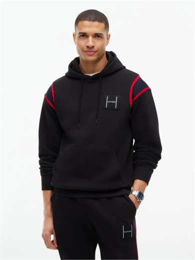 Tommy Hilfiger Erkek Regular Fit Kontrast Şerit Detaylı Logolu Pamuklu Kapüşonlu Uzun Kollu Siyah Sweatshirt MW0MW44956-BDS