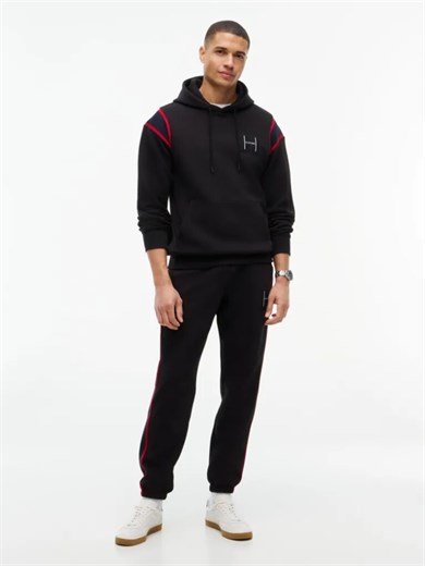 Tommy Hilfiger Erkek Regular Fit Kontrast Şerit Detaylı Logolu Pamuklu Kapüşonlu Uzun Kollu Siyah Sweatshirt MW0MW44956-BDS