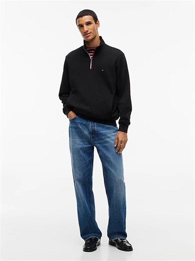 Tommy Hilfiger Erkek Regular Fit Pamuklu Havlu Kumaş Dik Yakalı Yarım Fermuarlı Uzun Kollu Siyah Sweatshirt MW0MW44943-BDS