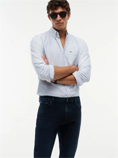 Tommy Hilfiger Erkek Slim Fit Esnek Denim Önü Soluk Yıkamalı Beş Cepli Mavi Jeans MW0MW45186-1BT