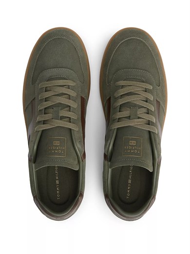 Tommy Hilfiger Erkek Süet Yüzey Dokulu Panelli Metalik Logolu Kontrast Topuk Detaylı Haki Sneaker FM0FM06069-RBN