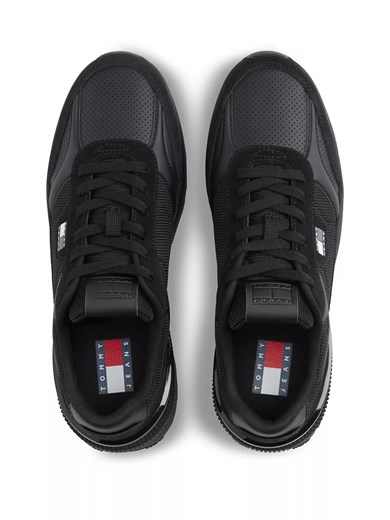 Tommy Hilfiger Erkek Süet ve Tekstil Karma Yüzey Logolu Koşu Tarzı Siyah Sneaker EM0EM01775-0GJ