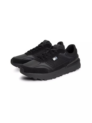 Tommy Hilfiger Erkek Süet ve Tekstil Karma Yüzey Logolu Koşu Tarzı Siyah Sneaker EM0EM01775-0GJ