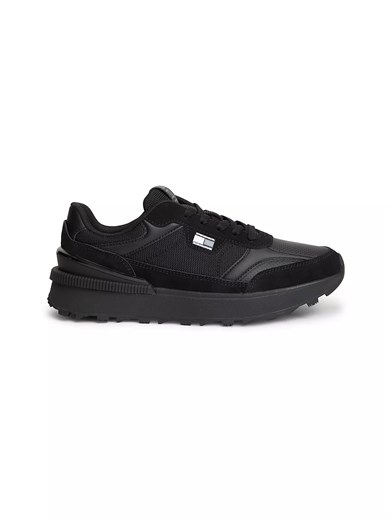 Tommy Hilfiger Erkek Süet ve Tekstil Karma Yüzey Logolu Koşu Tarzı Siyah Sneaker EM0EM01775-0GJ