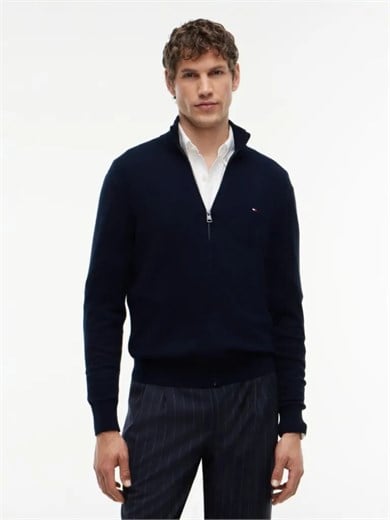 Tommy Hilfiger Erkek Uzun Kol Dik Yaka Fermuar Kapama Lacivert Kazak MW0MW28050-DW5