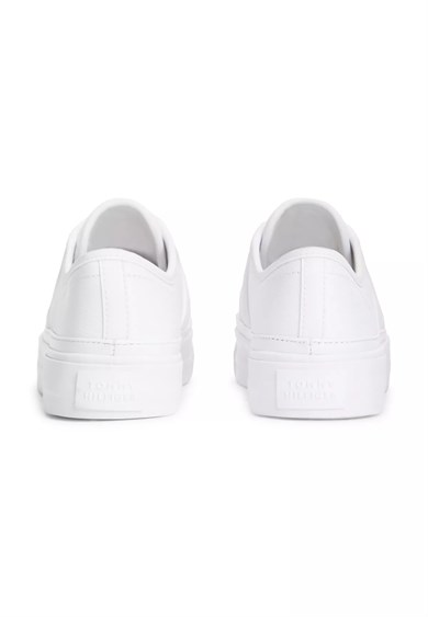 Tommy Hilfiger Kadın Bağcıklı Rahat Taban Logo Detaylı Deri Günlük Beyaz Sneaker FW0FW09393-YBS