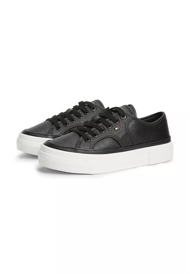 Tommy Hilfiger Kadın Bağcıklı Rahat Taban Logo Detaylı Deri Günlük Siyah Sneaker FW0FW09393-BDS