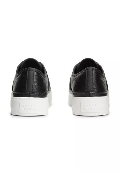 Tommy Hilfiger Kadın Bağcıklı Rahat Taban Logo Detaylı Deri Günlük Siyah Sneaker FW0FW09393-BDS