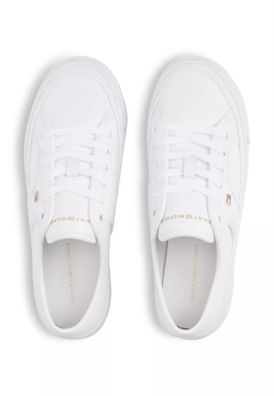 Tommy Hilfiger Kadın Bağcıklı Rahat Taban Logo Detaylı Deri Günlük Beyaz Sneaker FW0FW09393-YBS