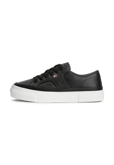 Tommy Hilfiger Kadın Bağcıklı Rahat Taban Logo Detaylı Deri Günlük Siyah Sneaker FW0FW09393-BDS