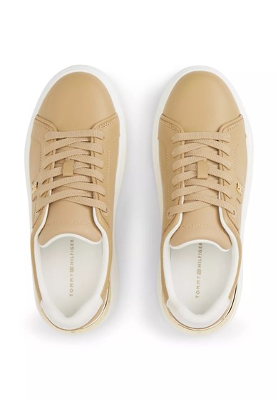 Tommy Hilfiger Kadın Deri Detaylı Düşük Bilekli Rahat Taban Bej Sneaker FW0FW09396-ABS
