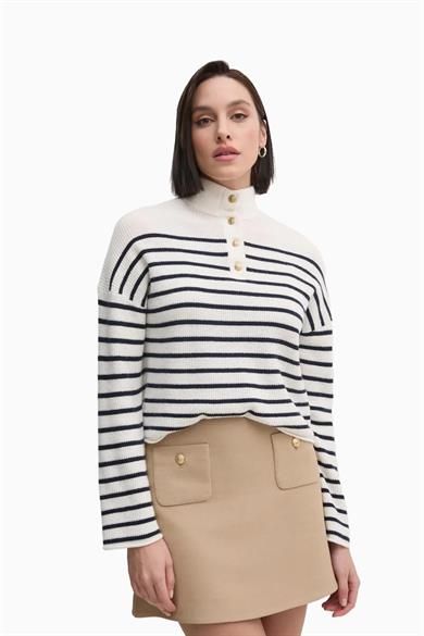 Tommy Hilfiger Tommy Hilfiger Kadın Düğme Kapamalı Dik Yaka Regular Fit Çizgili Yün Beyaz Kazak WW0WW44981-0FF