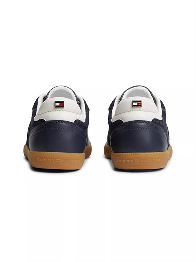 Tommy Hilfiger Kadın Hakiki Deri Kabartma TH Monogram Desenli Metalik Logolu Kontrast Topuklu Lacivert Sneaker FW0FW09691-DW6