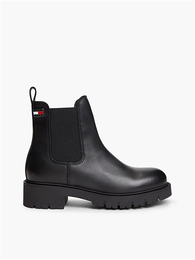 Tommy Hilfiger Kadın Hakiki Deri Yanları Lastikli Tırtıklı Tabanlı Logo Plakalı Siyah Bot & Bootie EN0EN03105-BDS