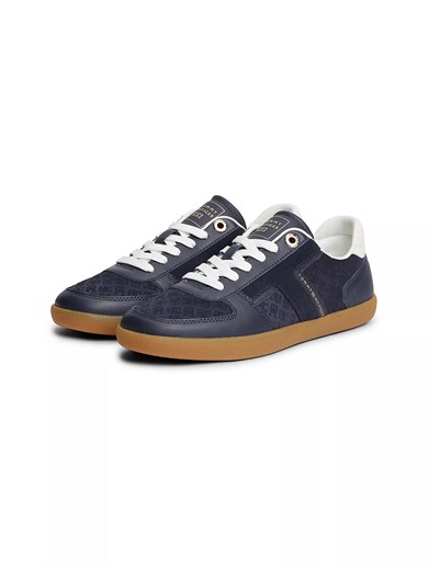 Tommy Hilfiger Kadın Hakiki Deri Kabartma TH Monogram Desenli Metalik Logolu Kontrast Topuklu Lacivert Sneaker FW0FW09691-DW6