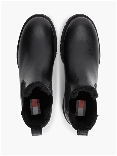 Tommy Hilfiger Kadın Hakiki Deri İçi Sıcak Astarlı Yanları Lastikli Tırtıklı Tabanlı Logo Plakalı Siyah Bot & Bootie EN0EN03102-BDS