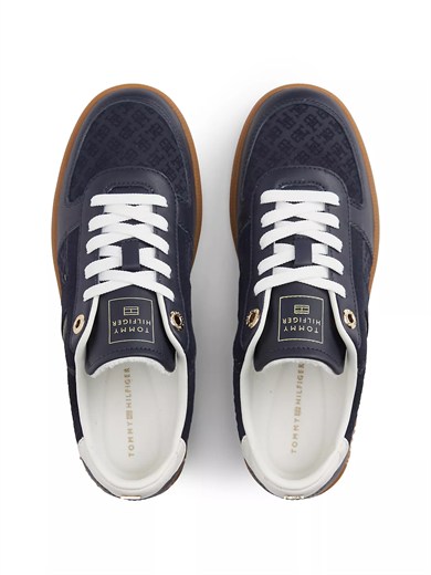 Tommy Hilfiger Kadın Hakiki Deri Kabartma TH Monogram Desenli Metalik Logolu Kontrast Topuklu Lacivert Sneaker FW0FW09691-DW6