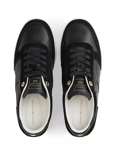 Tommy Hilfiger Kadın Hakiki Deri Dokulu Panelli Metalik Logolu Bayrak Detaylı Siyah Sneaker FW0FW09483-BDS