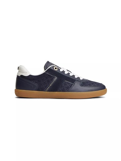 Tommy Hilfiger Kadın Hakiki Deri Kabartma TH Monogram Desenli Metalik Logolu Kontrast Topuklu Lacivert Sneaker FW0FW09691-DW6