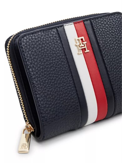 Tommy Hilfiger Kadın İkonik Logo Şerit Desenli Banknot Bölmeli Fermuarlı Lacivert Cüzdan AW0AW19162-DW6