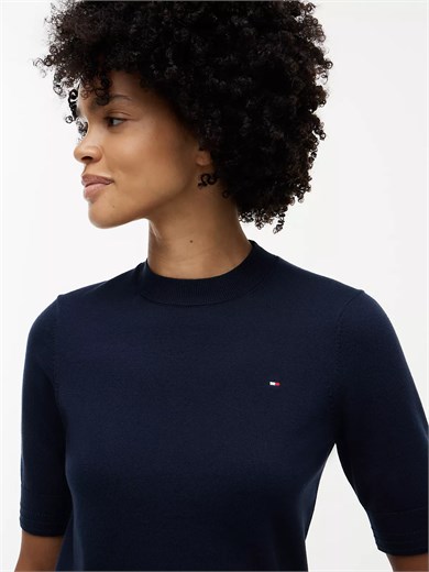 Tommy Hilfiger Kadın Kısa Kol Çizgi Desen Yuvarlak Yaka Regular Fit Lacivert Kazak WW0WW49705-C1G
